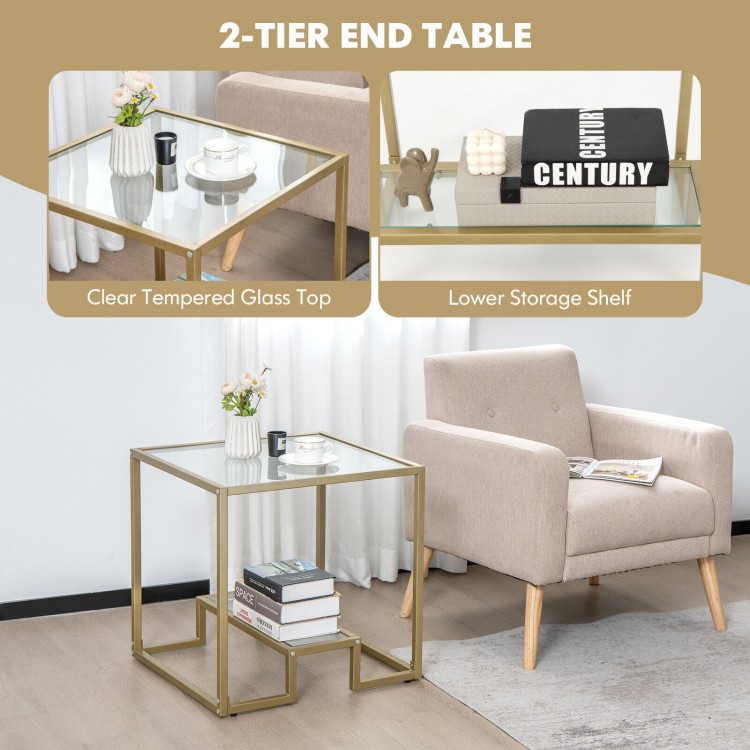 22-inch 2-tier square side table with tempered glass top and bronze frame, perfect for living room or bedroom storage.